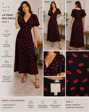 A New Day Lip Print Midi Dress Size 4 Red & Black Flutter Sleeve Dress